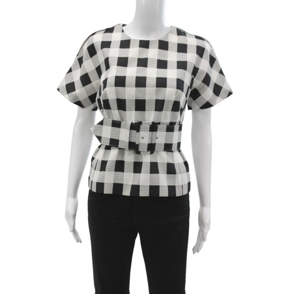 Derek Lam Women Basic Check Blouse Black Short Sleeve Zip Round Neck Size 2